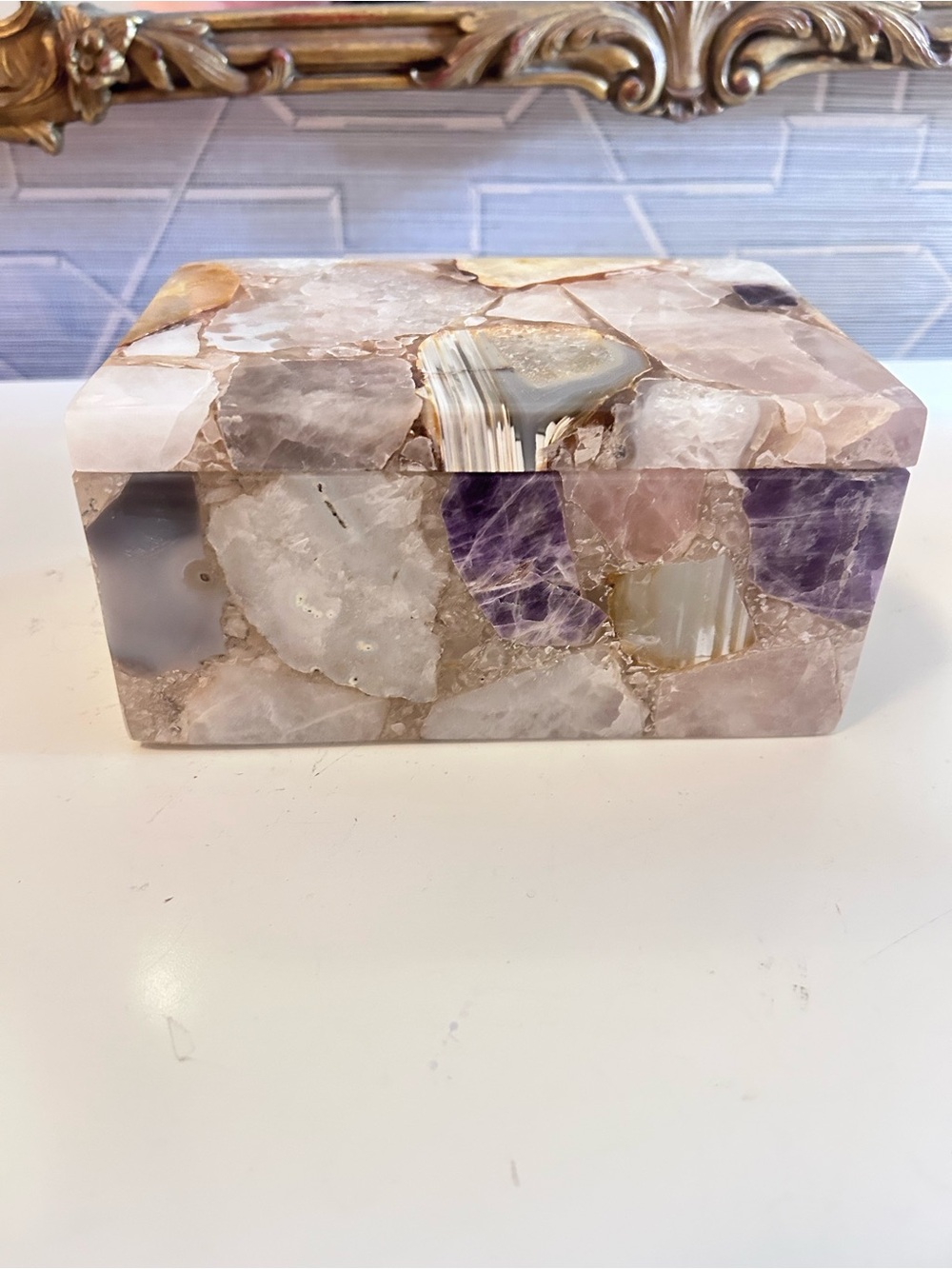 Handmade in India Natural Agate Druzy Amethyst Gemstone Mosaic Jewelry Box 7”